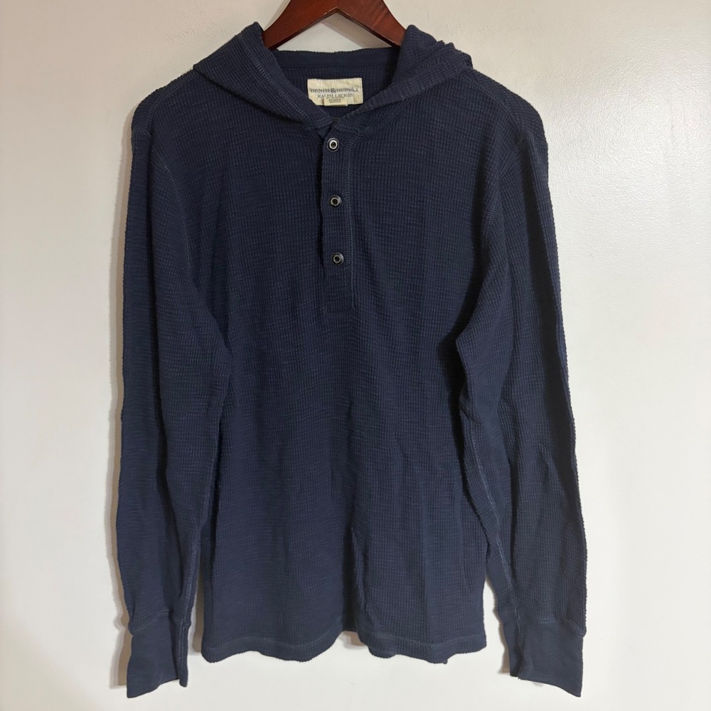 Denim & Supply Ralph Lauren Mens Navy Waffle Knit Henley Hoodie Medium